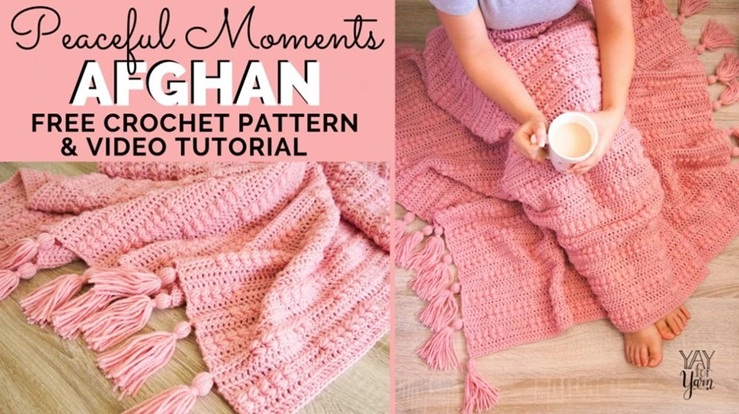 photos of pink crocheted afghan with tassels