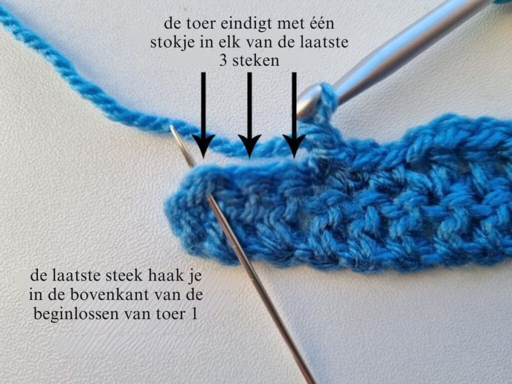de toer eindigt met een stokje in elk van de laatste 3 steken