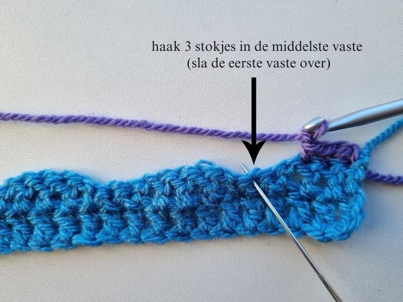 haak 3 stokjes in de middelste vaste sla de eerste vaste over