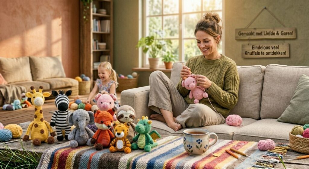 Top 10 haakpatronen en trends van juni: dit haakten jullie massaal! 2 Moeder-op-bank-haakt-knuffels